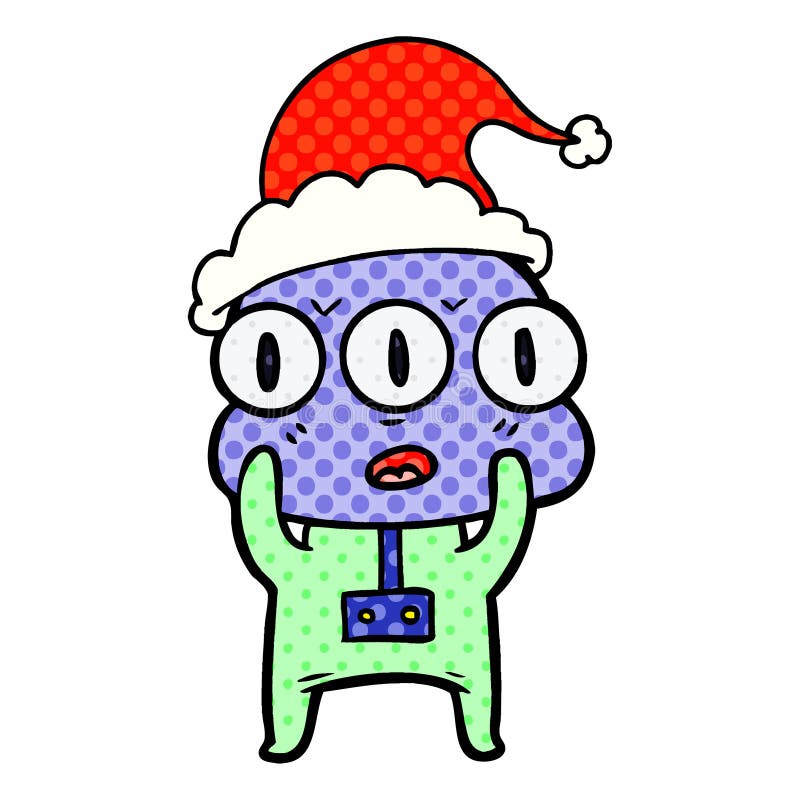 Comic Book Style Illustration of a Three Eyed Alien Wearing Santa Hat ...