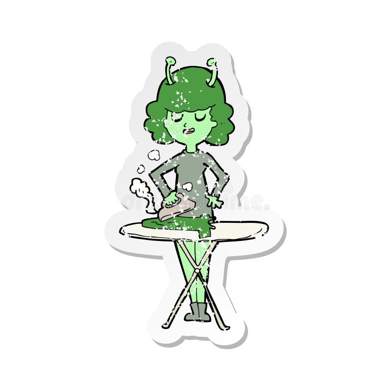 Retro distressed sticker of a cartoon alien woman ironing