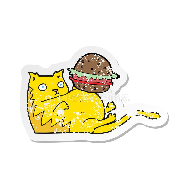 Retro Distressed Sticker Of A Cartoon Fat  Cat  With Burger  