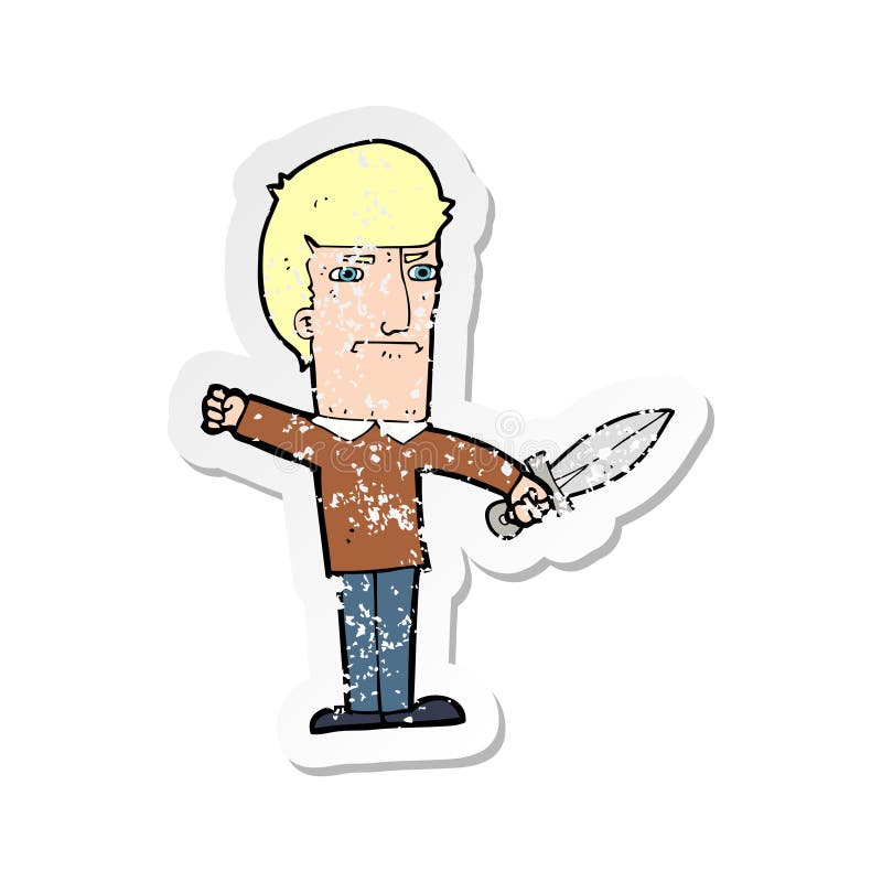 retro distressed sticker of a cartoon man with knife