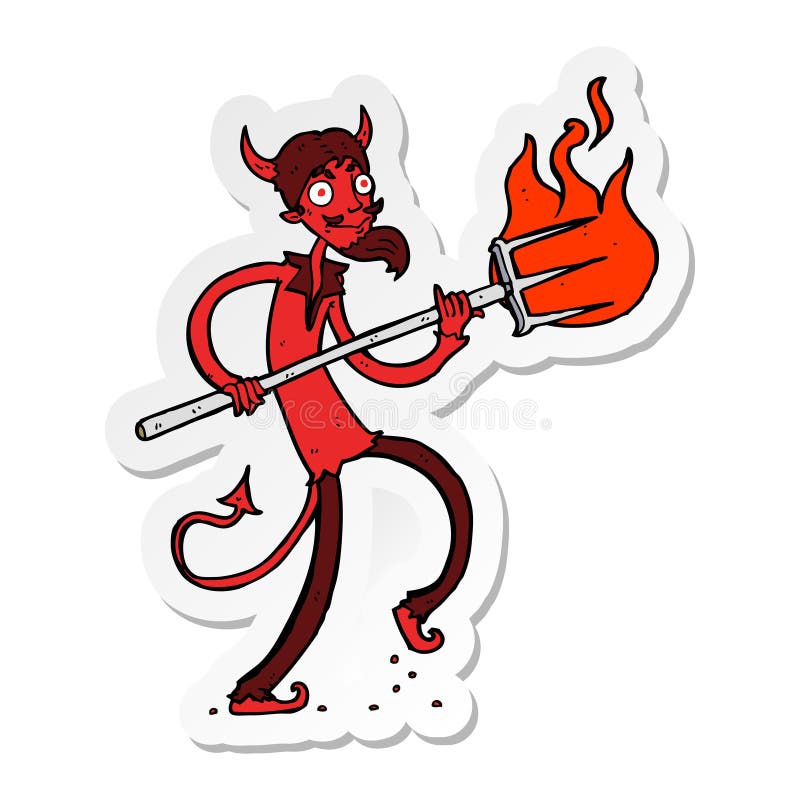 Sticker of a Cartoon Devil with Pitchfork Stock Vector Illustration