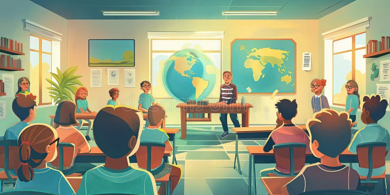 Creative illustration of a classroom setting where a teacher leads a geography lesson, featuring a globe and attentive students royalty free illustration