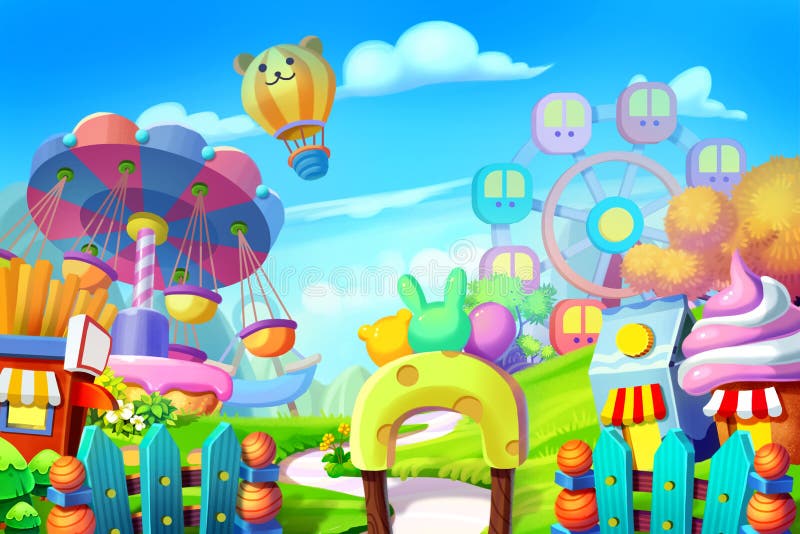 Creative Illustration and Innovative Art: Background Set: Colorful Playground, Amusement Park.