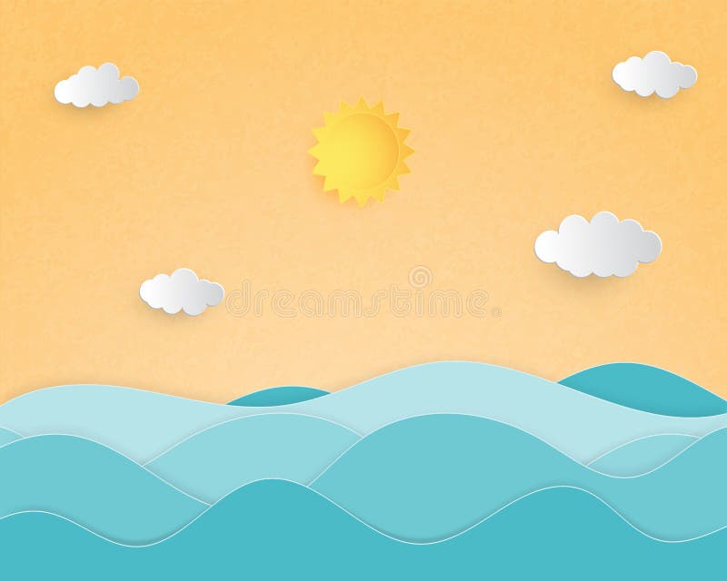 Creative illustration summer background concept paper cut style with landscape of sea wave