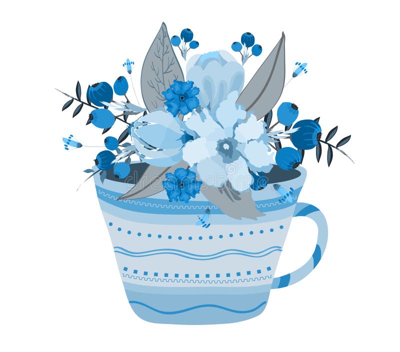 Creative Illustration with Teacup Full of Watercolor Flowers Stock