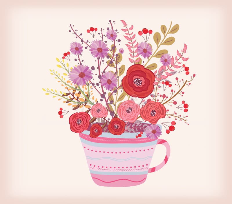 Creative Illustration with Teacup Full of Watercolor Flowers Stock