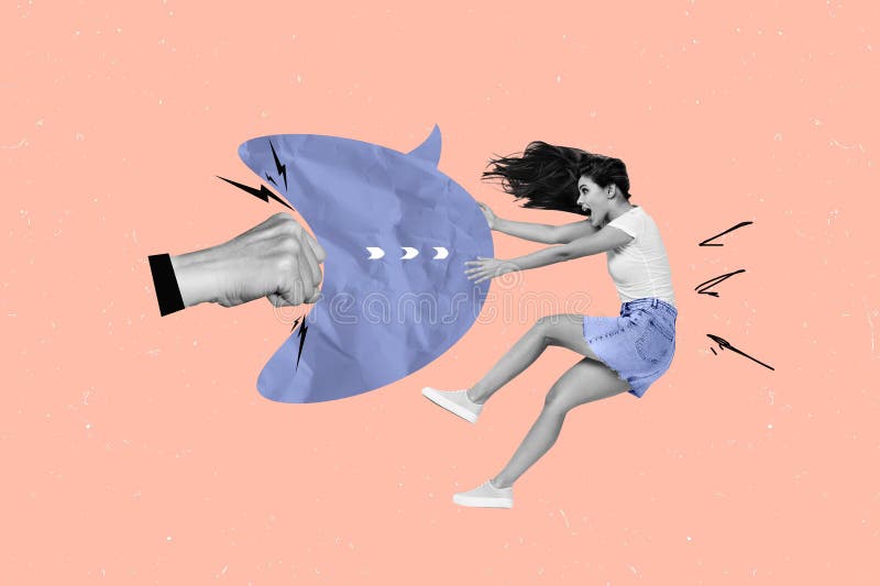 Creative image collage young girl suffer punch arm hit textbox message