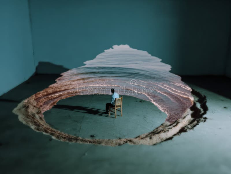 Creative installation featuring a person seated on a chair in front of a projected ocean view in an empty space vector illustration