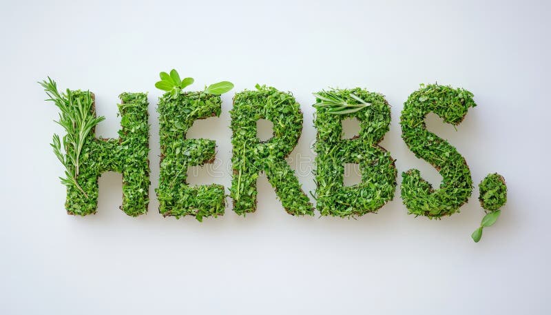 Creative Installation of Fresh Herbs Typography Art with Vibrant Letters on a White Surface stock illustration
