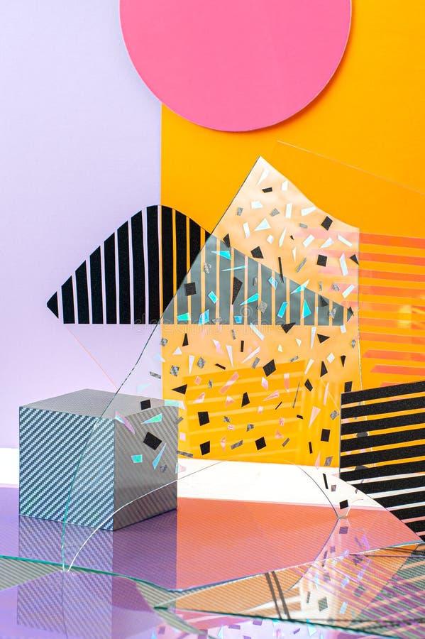 Creative installation of multi-colored glasses and shapes vector illustration