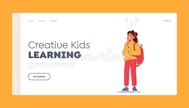 Creative Kids Learning Landing Page Template. Confused or Curious Schoolgirl Character Asking, Thinking, Solve Problem stock illustration