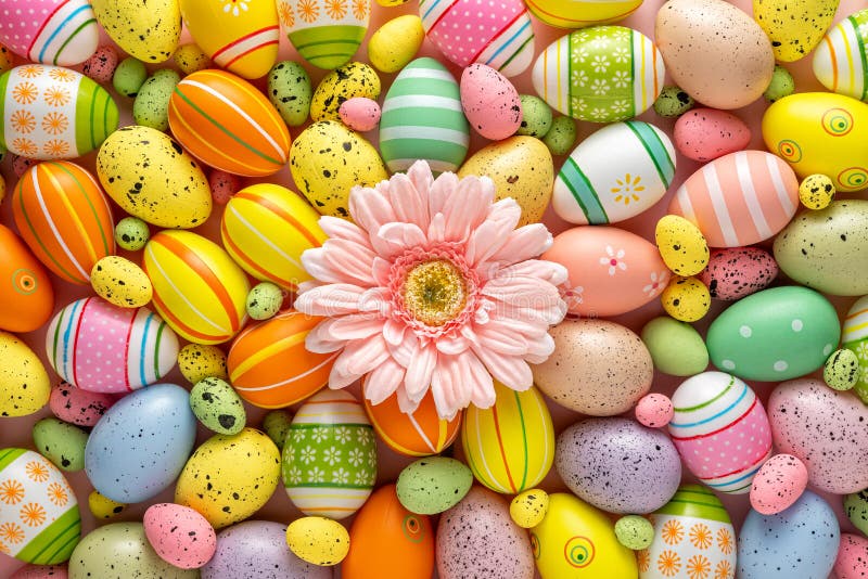 Creative Layout With Colorful Easter Eggs And Daisy Flower. Minimal