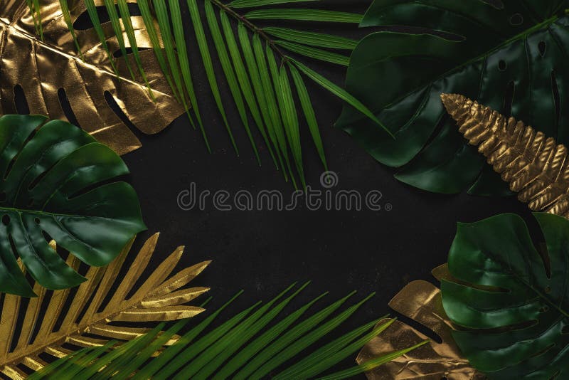 Creative Layout with Gold and Green Tropical Palm Leaves on Black Background.  Minimal Summer Abstract Pattern Stock Image - Image of golden, frame:  182130473