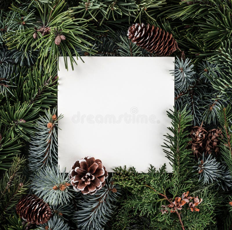 Creative layout made of Christmas tree branches with paper card note, pine cones. Xmas and New Year theme. Flat lay, top view royalty free stock photography