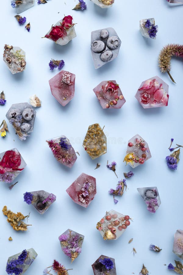 Creative Layout Made with Fruit Ice Cubes, Organic Berries and Dried
