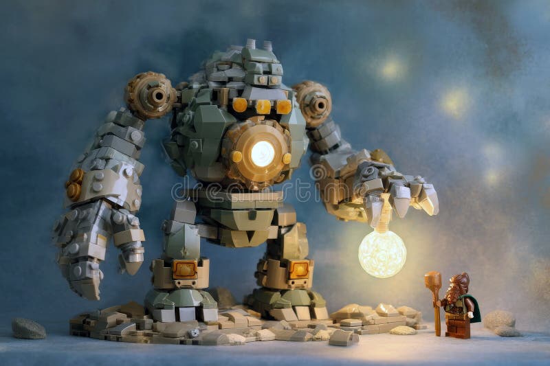 Creative LEGO Robot and Wizard Scene in Dramatic Light Setting. stock image