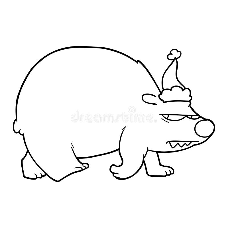 A creative line drawing of a angry polar bear wearing santa hat