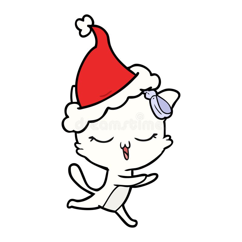A Creative Line Drawing of a Cat with Bow on Head Wearing Santa Hat
