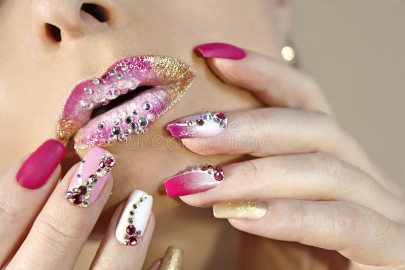 Creative Lip Makeup And Trendy Nail Art Manicure Stock Photo - Image Of  Golden, Female: 170749558
