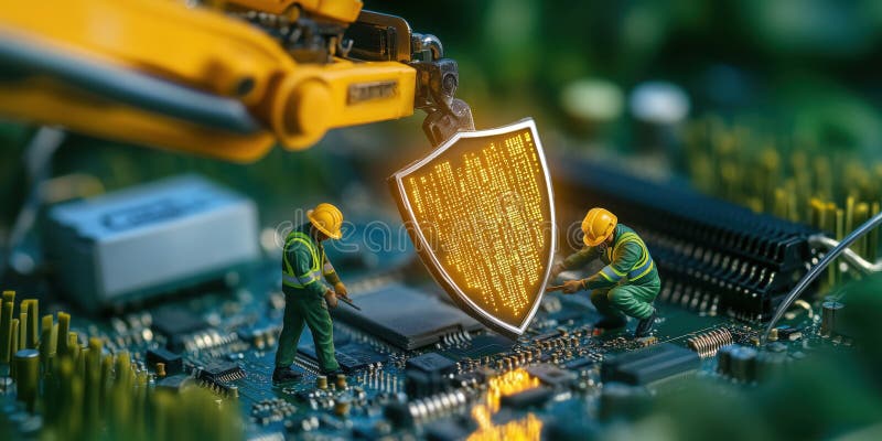 Creative macro image of miniature workers securing glowing shield on circuit board stock illustration