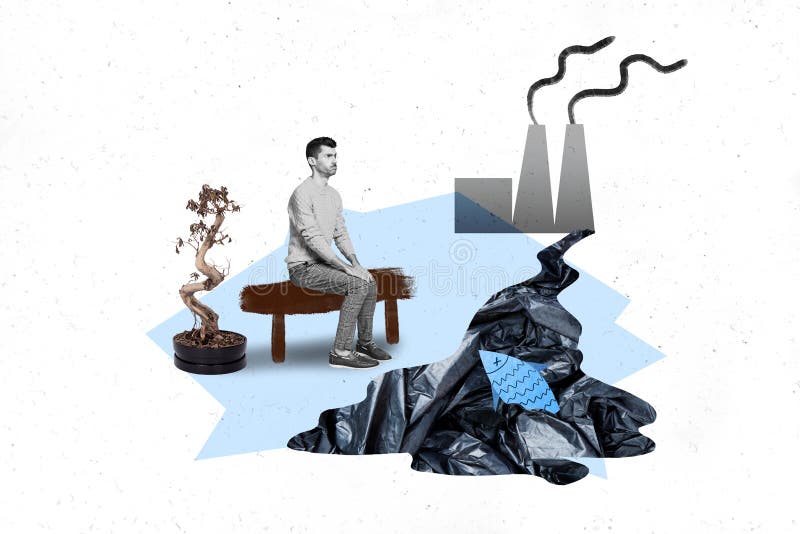 Creative magazine poster collage of sad guy sit bench look air pollution climate change dead animals drought plants waste trash.