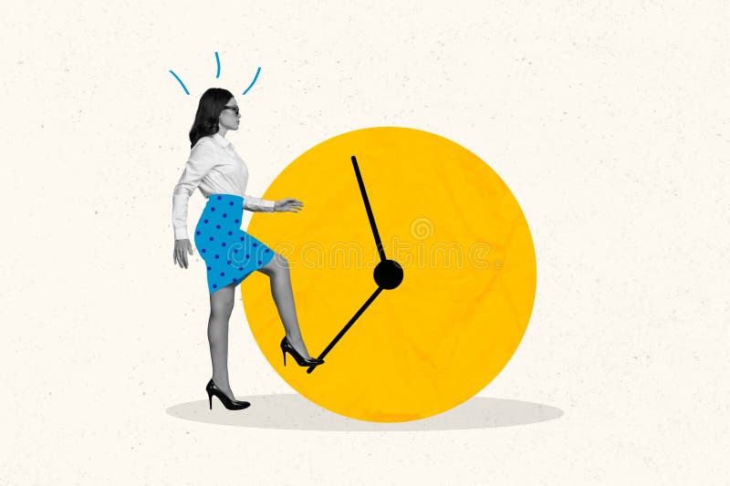 Creative magazine template of business lady try change time turn backwards big image clock arrow stop waste lifetime royalty free stock images
