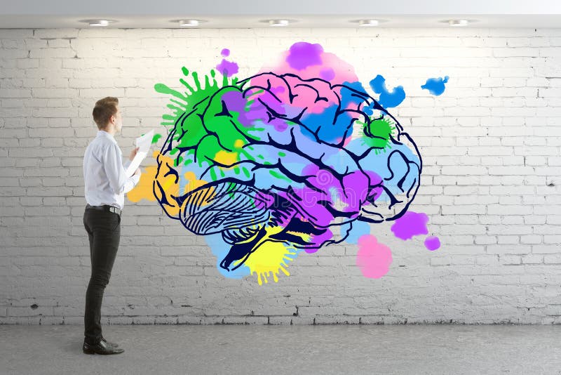 Creative mind concept. Businessman in brick interior looking at colorful human brain drawn on wall. Creative mind concept. 3D Rendering stock photos Creative mind concept. Businessman in brick interior looking at colorful human brain drawn on wall. Creative mind concept. 3D Rendering stock photos