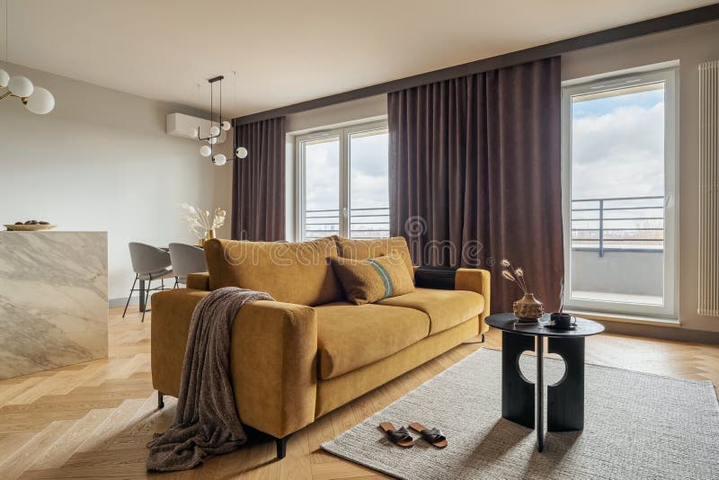 Creative and Modern Open Space Interior Design with Yellow Sofa, Grey