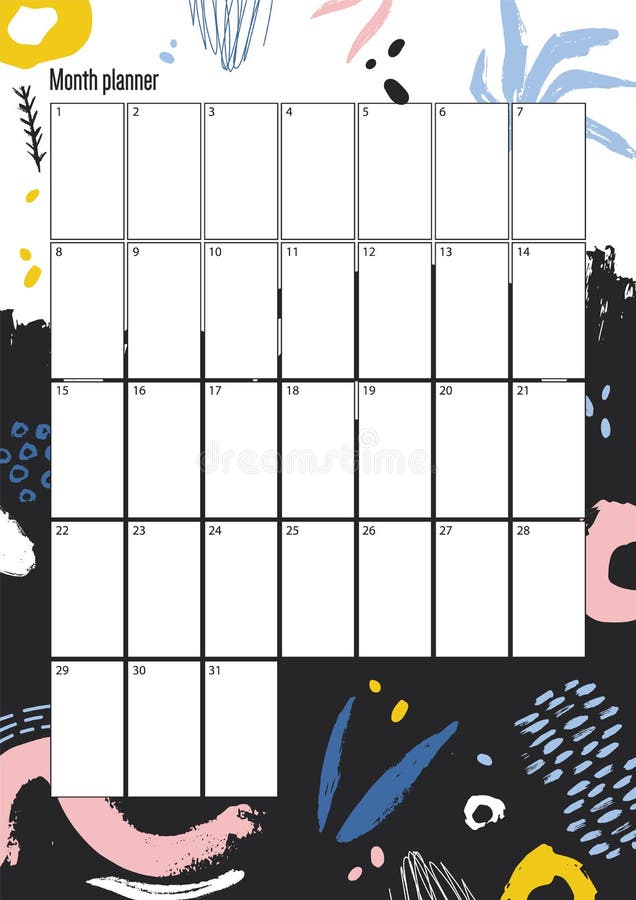 Creative monthly planner template with colorful dots, stains, blots and paint traces on background. Month plan, schedule