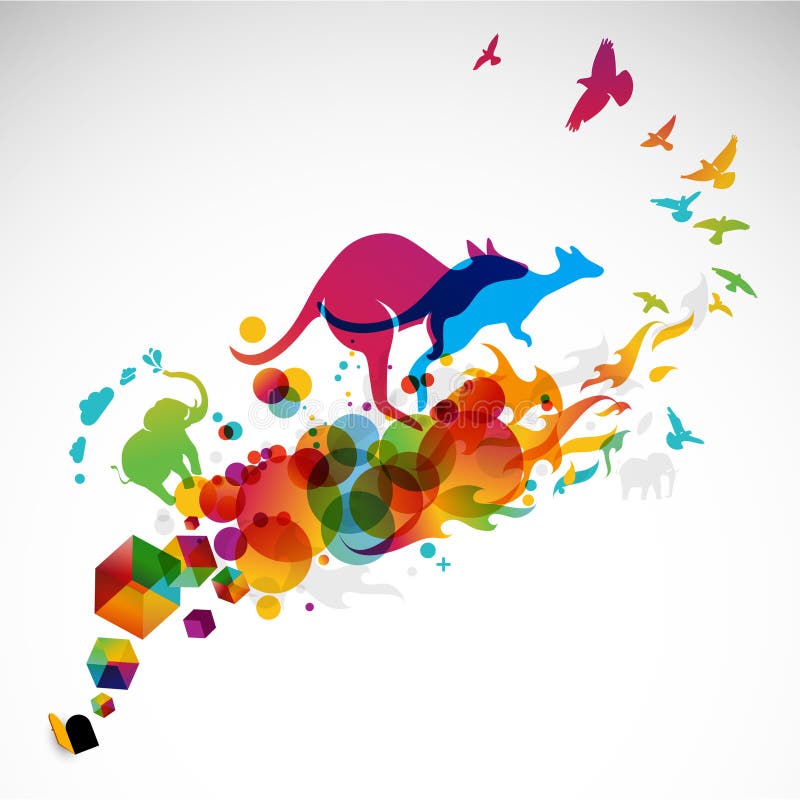 Farebné tvorivého pohybu grafické znázornenie s kangaroos, vtákov a slony (celé spektrum)