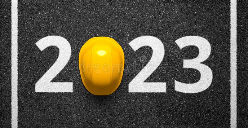 Creative 2023 New Year design template with yellow protective helmet and grey asphalt background.