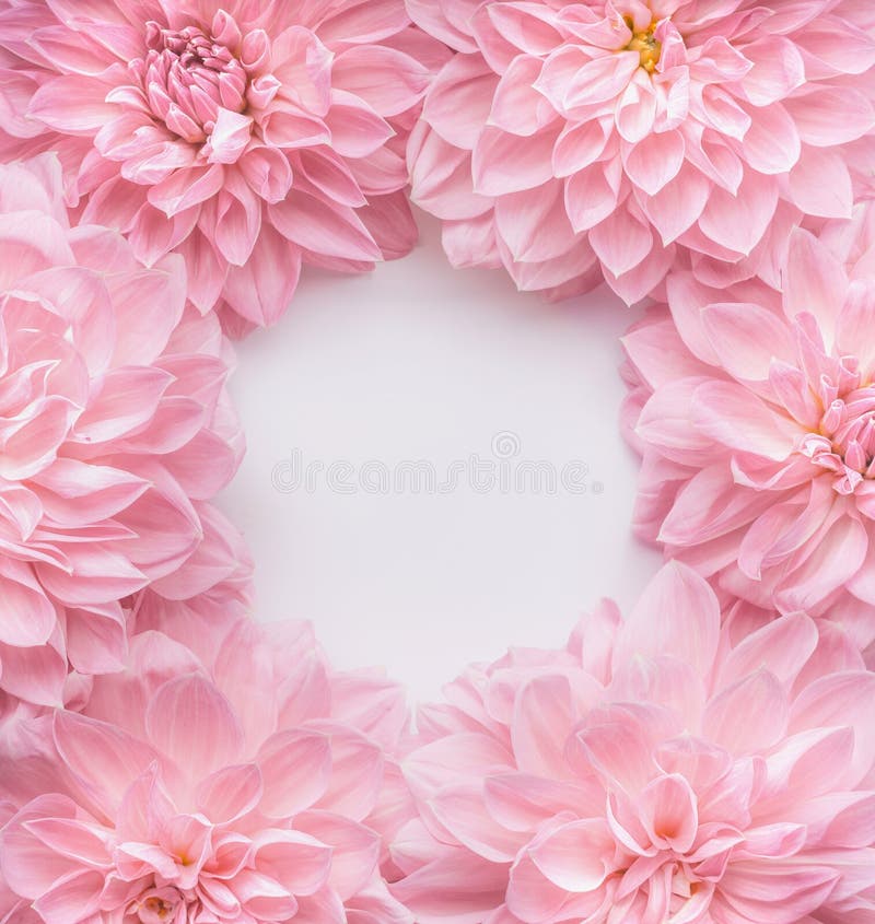 Pastel pink flowers frame, top view. Layout or greeting card for Mothers day, wedding or happy event
