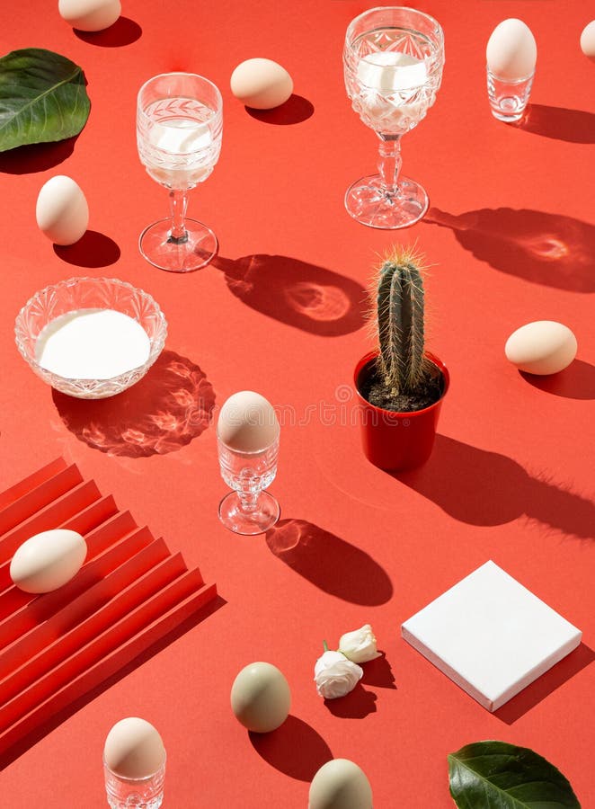 Creative Pattern Made with Champagne, Vine Glass, Easter Eggs, Cactus