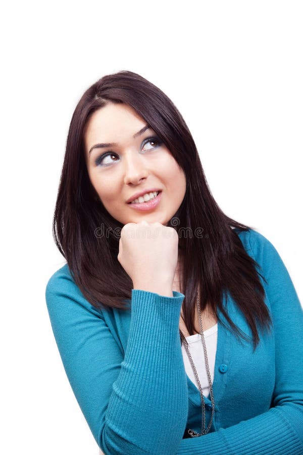 Creative and pensive young cute woman royalty free stock images