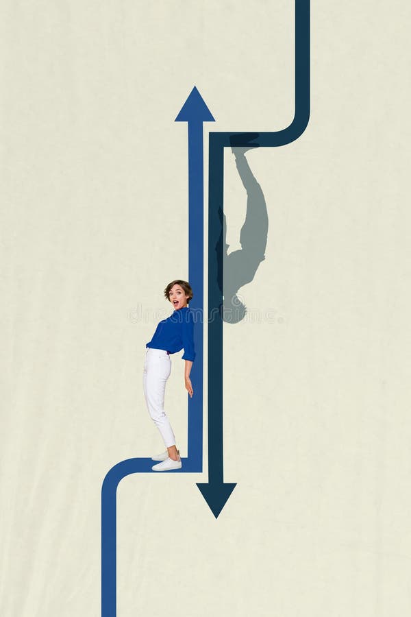 Creative photo collage trend artwork of young lady shocked stand hand hold arrow different direction target trader graphics stats charts. Graphics way stock images, royalty-free photos and pictures