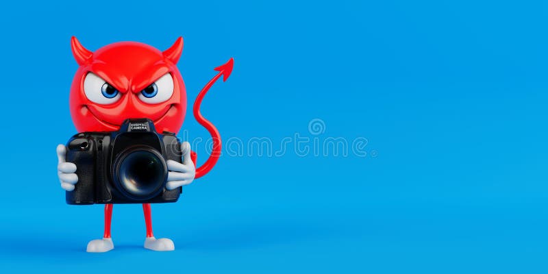 Creative Photography Concept. Red Devil Cartoon Character Holding Professional Camera On Blue Background. 3d Rendering vector illustration