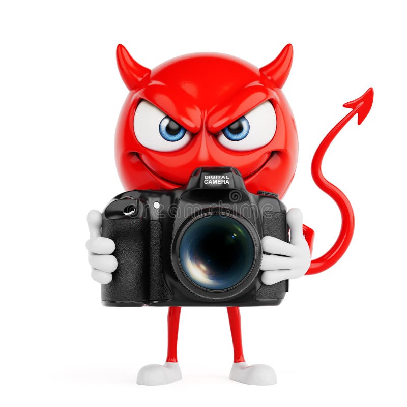 Creative Photography Concept. Red Devil Cartoon Character Holding Professional Camera On White Background. 3d Rendering royalty free illustration