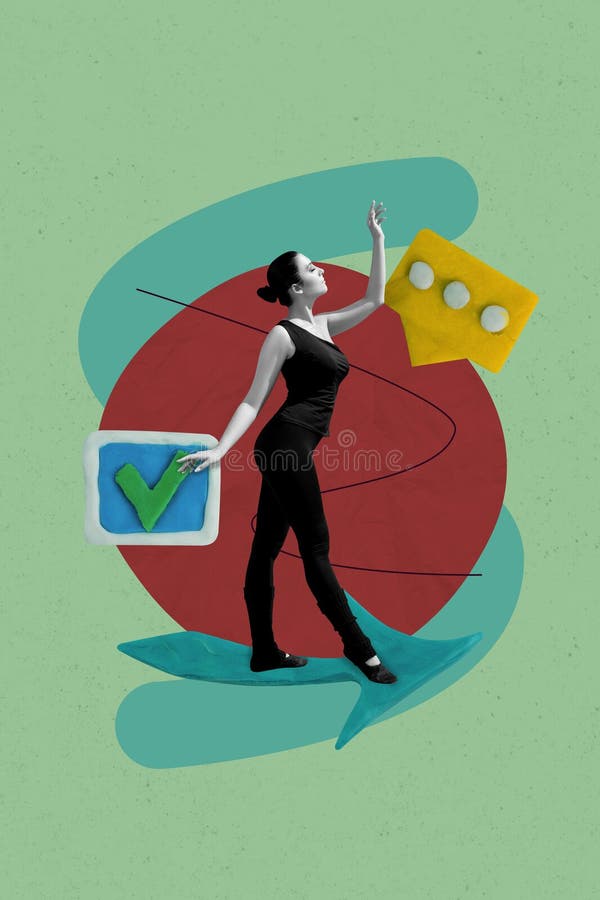 Creative picture collage of person stand arrows with speech bubble check mark on green background vector illustration