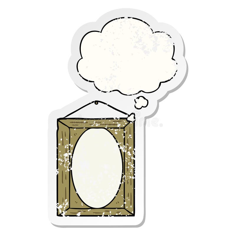 A creative picture frame and thought bubble as a distressed worn sticker stock illustration