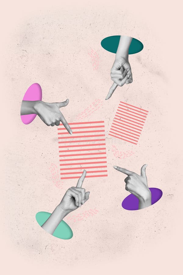 Creative picture image template collage of different people promoters point finger copyspace pastel background vector illustration