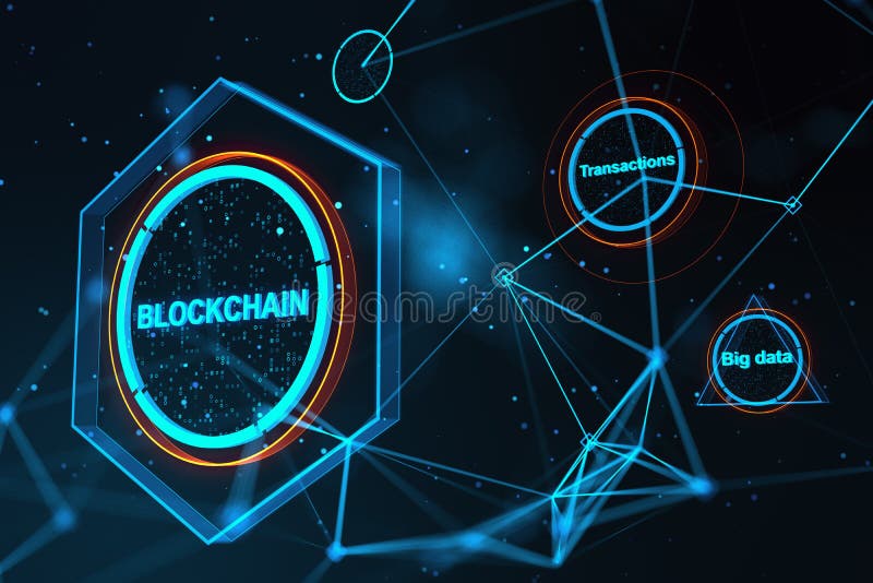 Creative polygonal blockchain hologram on blurry background. Technology and fintech concept. vector illustration