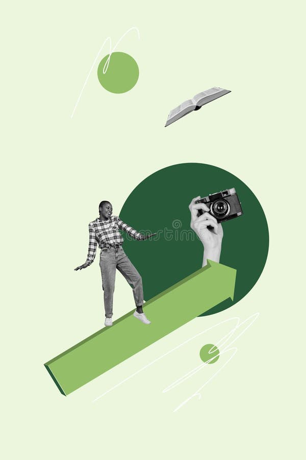 Creative pop collage of person stand arrows up hand camera on green background royalty free stock photo