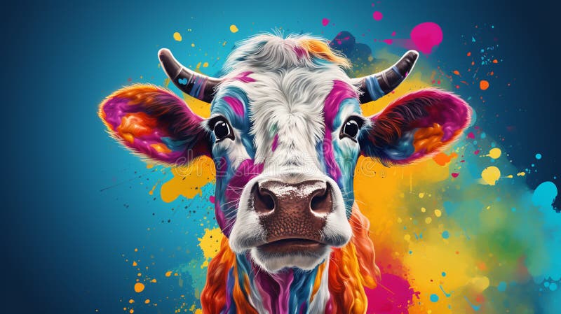 Creative poster with colorful cow stock photo