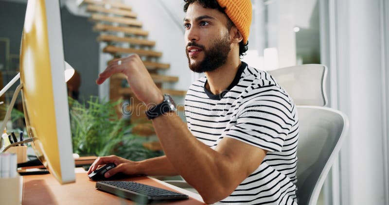 Creative, producer or man on computer in startup for artistic project, digital media or video editing. Designer, male editor or research for content creation, post production or filmmaking process. Computer editing stock images, royalty-free photos and pictures