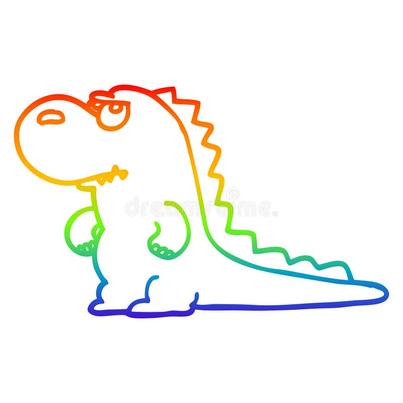 A creative rainbow gradient line drawing cartoon annoyed dinosaur