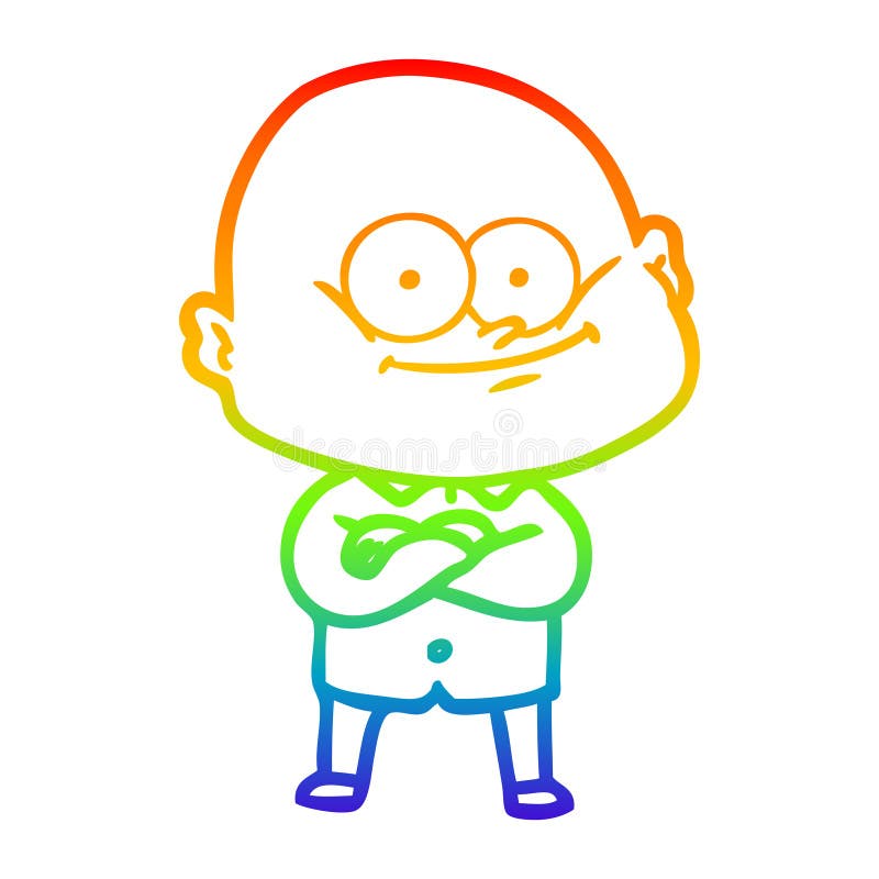 A creative rainbow gradient line drawing cartoon bald man staring