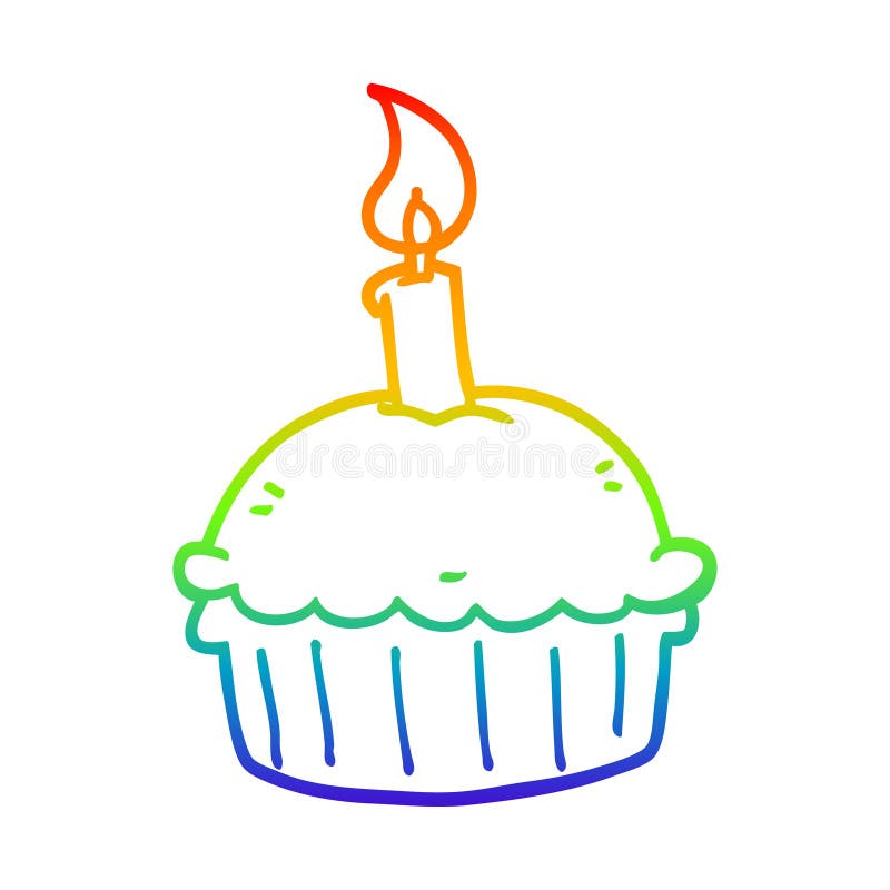 A Creative Rainbow Gradient Line Drawing Cartoon Birthday Cupcake Stock
