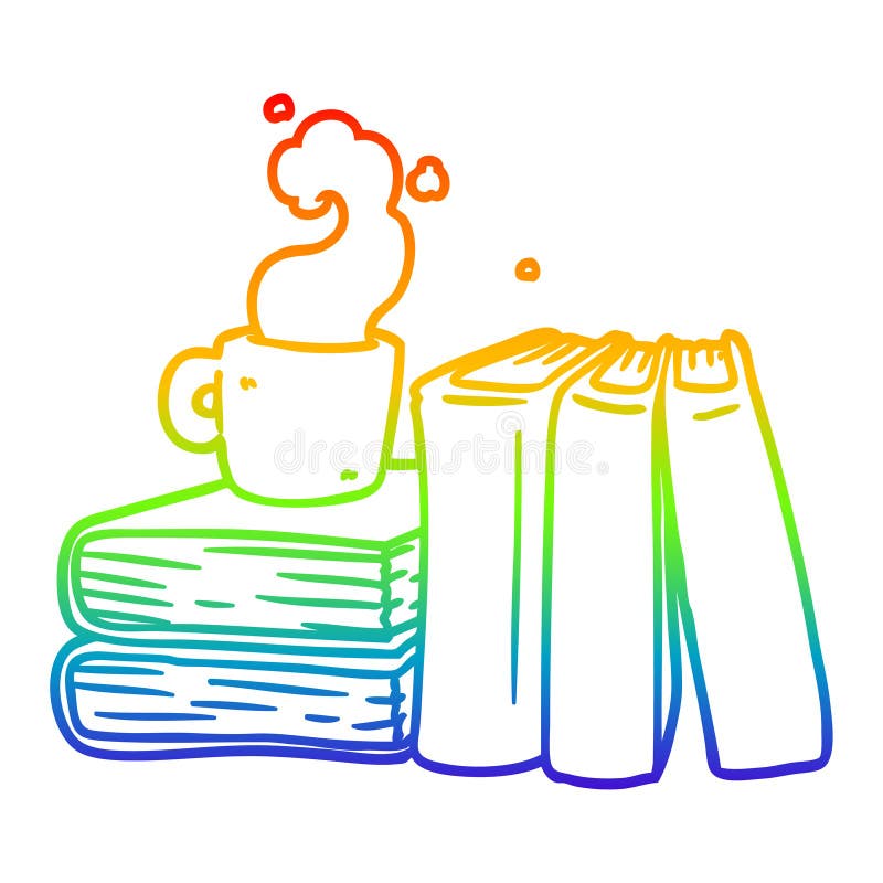 A creative rainbow gradient line drawing cartoon coffee cup and study books