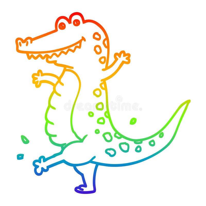 A creative rainbow gradient line drawing cartoon dancing crocodile
