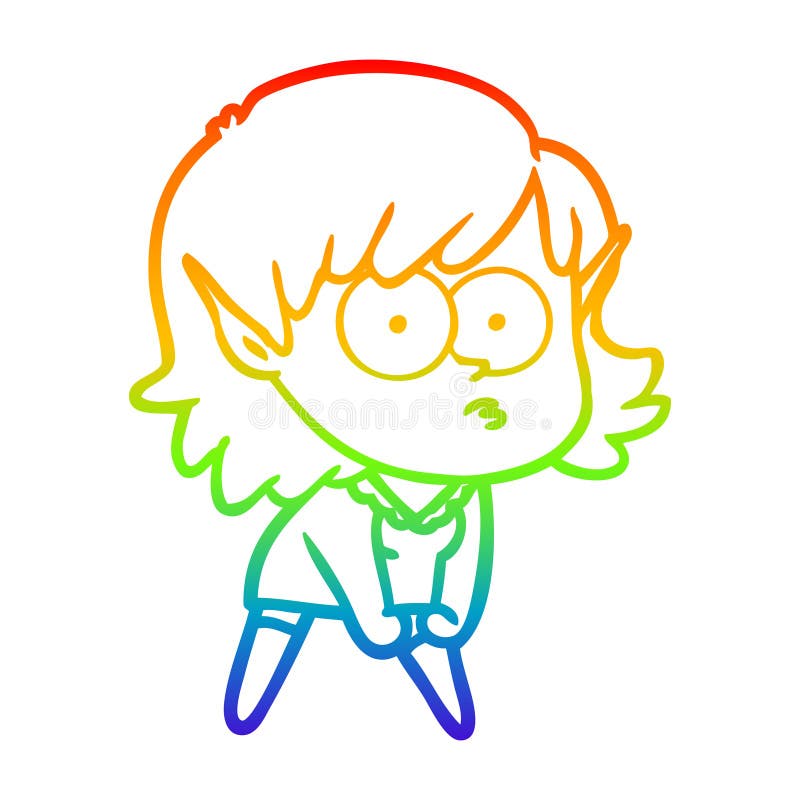 A Creative Rainbow Gradient Line Drawing Cartoon Elf Girl Staring and ...